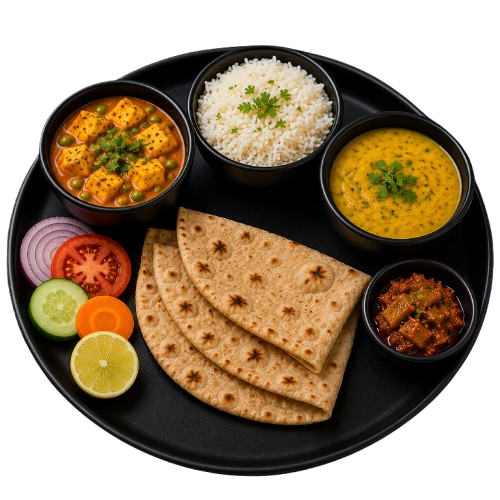 Healthy Indian thali meal with roti and vegetables