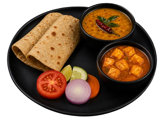 Healthy Indian thali meal with roti and vegetables
