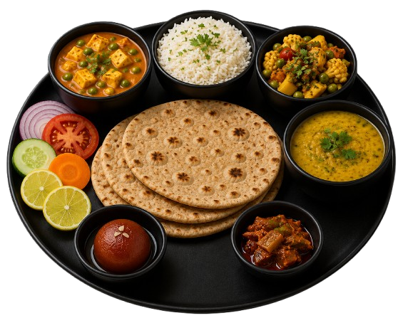 Healthy Indian thali meal with roti and vegetables